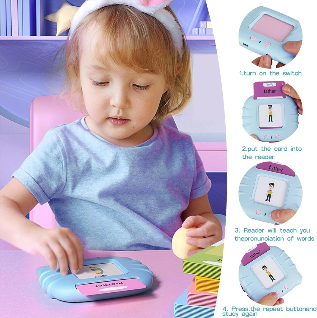 Talking Flashcards Learning Toy.Skills Flash Card Learning Device Toy Early Learning 224 Words Sounds Music Playing Game
