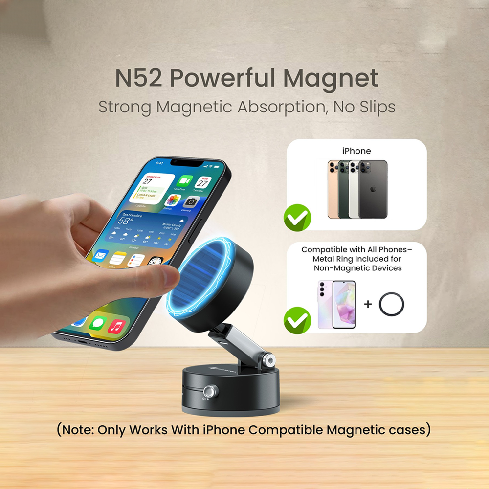Magnetic Vacuum Suction Mobile Holder, Black                         Strong Magnetic Attachment Multiple Angle Adjustment Retractable Compatible with iPhone & Android Phone for Car, Desk, Mirror, Glass